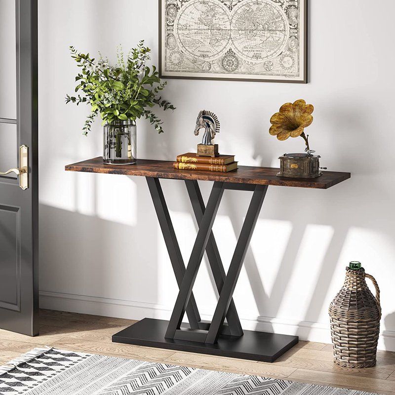 Rustic Brown and Black Metal Console Table with Storage