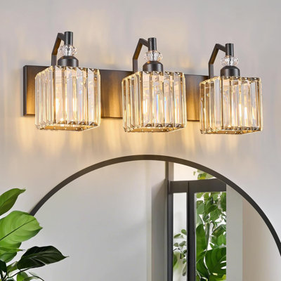Modern Bathroom Vanity Light With Crystal Shade, 3-Light Fixture For Over Mirror, Moisture-Resistant Design, Compatible With E26 Bulbs