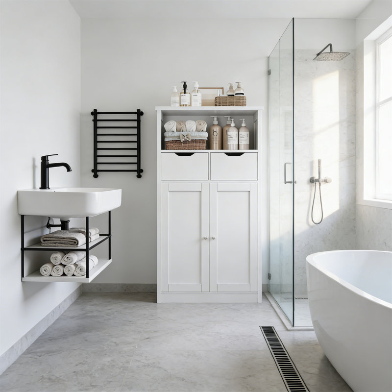 Floor Storage Cabinet With Doors, Drawers, Adjustable Shelf, Freestanding For Bathroom, Kitchen, Living Room, White