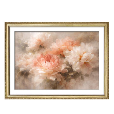 Arrangement floral pêche doux avec des tons clairs romantiques pour chambre à coucher, art mural encadré 26 po x 36 po