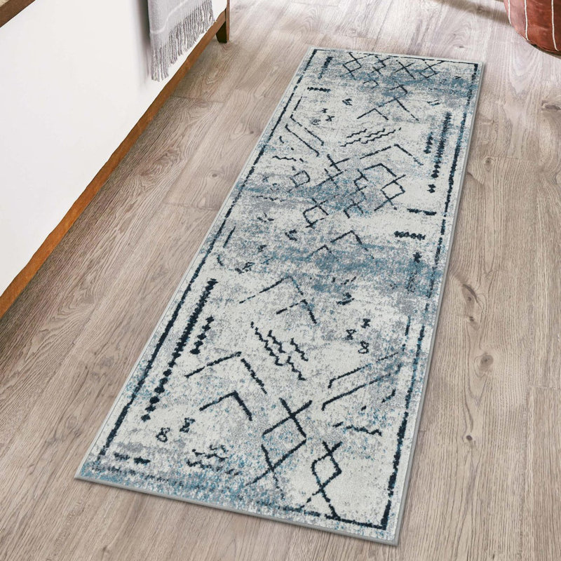 Tapis bleu / ivoire en polyester tissé à la machine Eudora, Tapis de couloir 2 pi x 8 pi