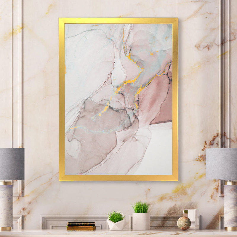 Gris et rose marbré art ondulations - décoration murale moderne en toile, Toile avec cadre photo doré, L 34 po x H 44 po