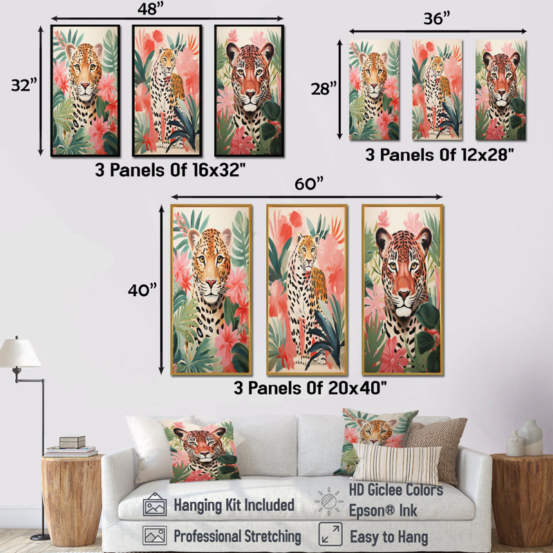 Leopard vert et rose dans la jungle I - ensemble de 3 reproductions d'art sur toile léopard, Cadre flottant noir