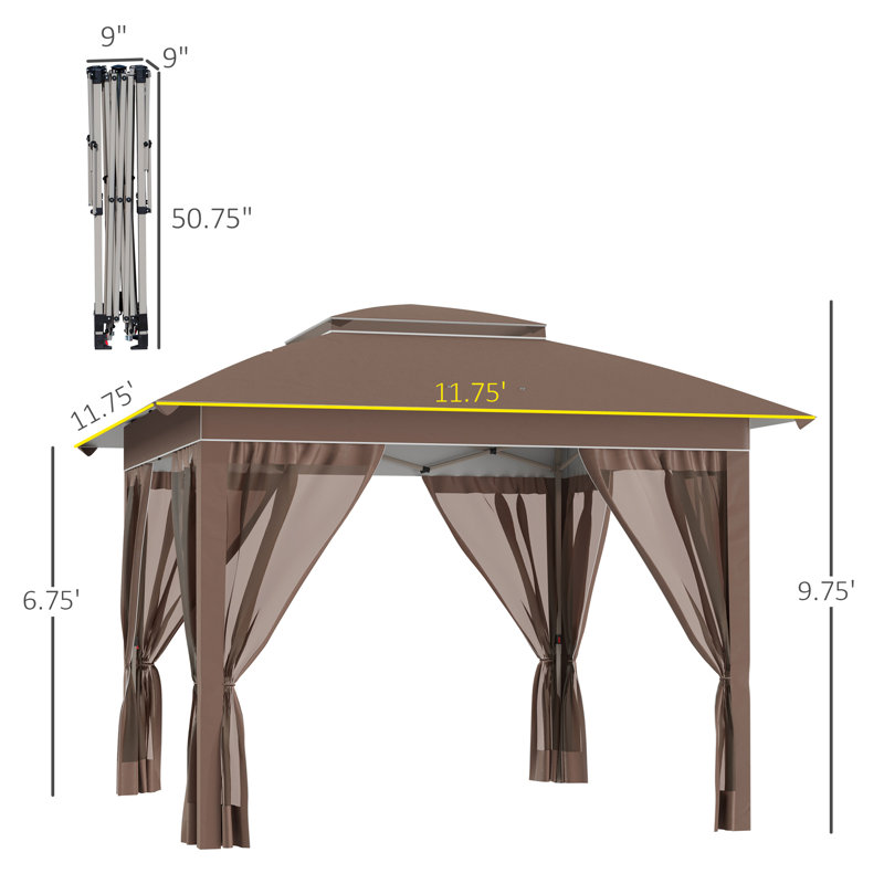 Outsunny 12' x 12' Pop Up Canopy Tent with Netting and Carry Bag, Brown