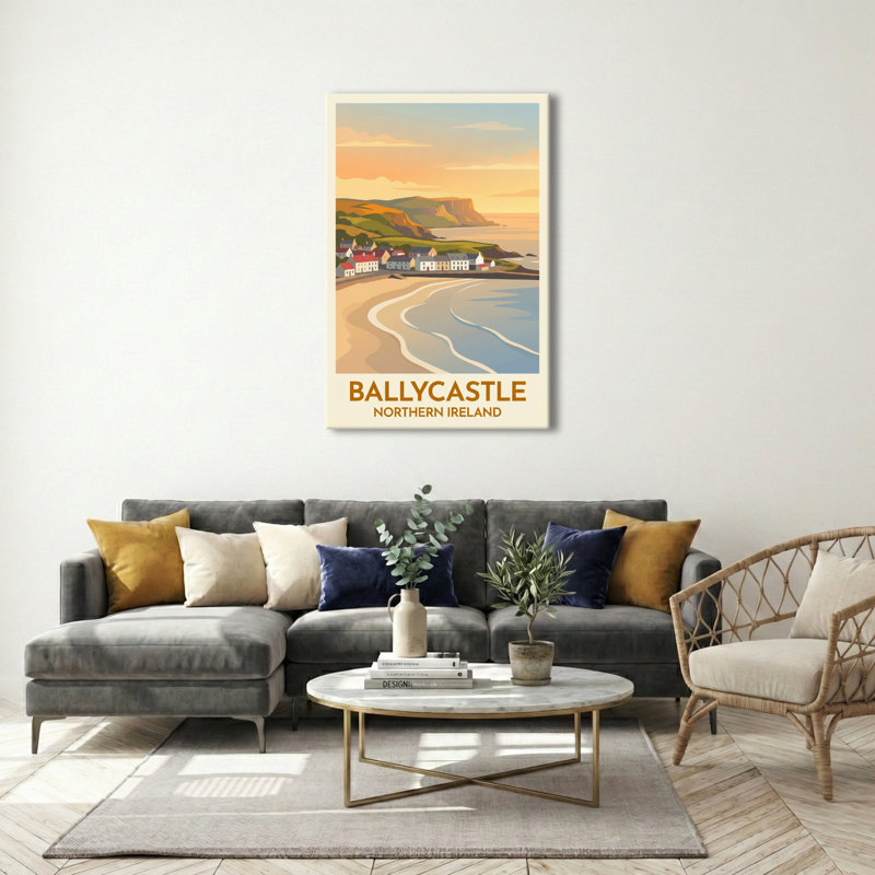 Ballycastle, Northern Ireland - Romantic Coastal Travel Poster Of The Causeway Coast. Giclee Print On Wrapped Canvas. Wall Art, Home Decor - Cities & Towns, Northern Ireland - Wrapped Canvas Print