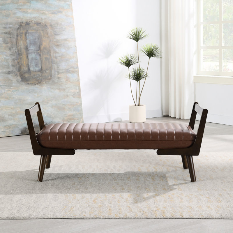 Banc de style Mid-Century moderne de 52 po avec pieds en bois de noyer, repose-pieds cannelé cannelé pour les dimensions du salon, entrée cognac