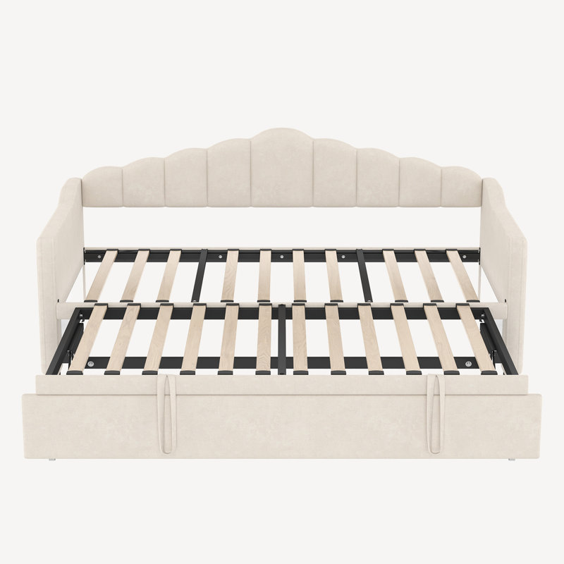 Twin Size Upholstered Daybed with Adjustable Height Pop Up Trundle Twin Bed and USB & Type-C Charging Port, Day Bed Frame with 2 Side Pockets