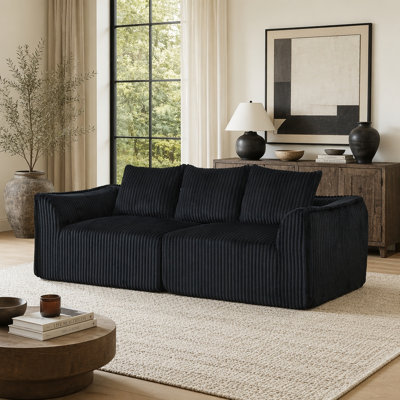 Minimalist 3-seater Corduroy Sofa with Ergonomic Backrest and Curved Armrests, Includes Three Horn-Shaped Throw Pillows