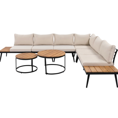Patio Sectional With Stain- Cushions And Beige Fabric - Outdoor Lounge Wood Coffee Table Comfortable