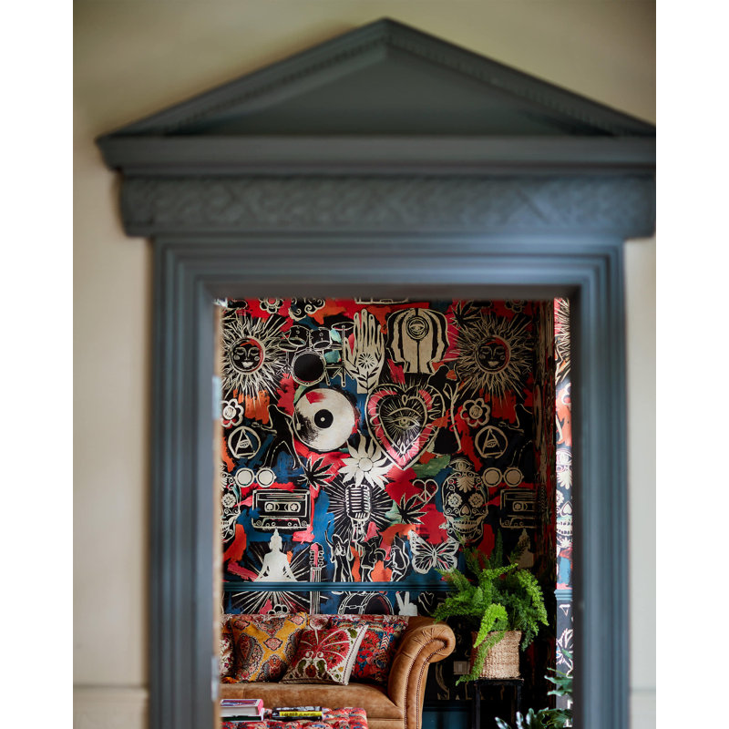 Woodstock Lifestyle Wallpaper Roll, Black/Blue/Pink/Taupe
