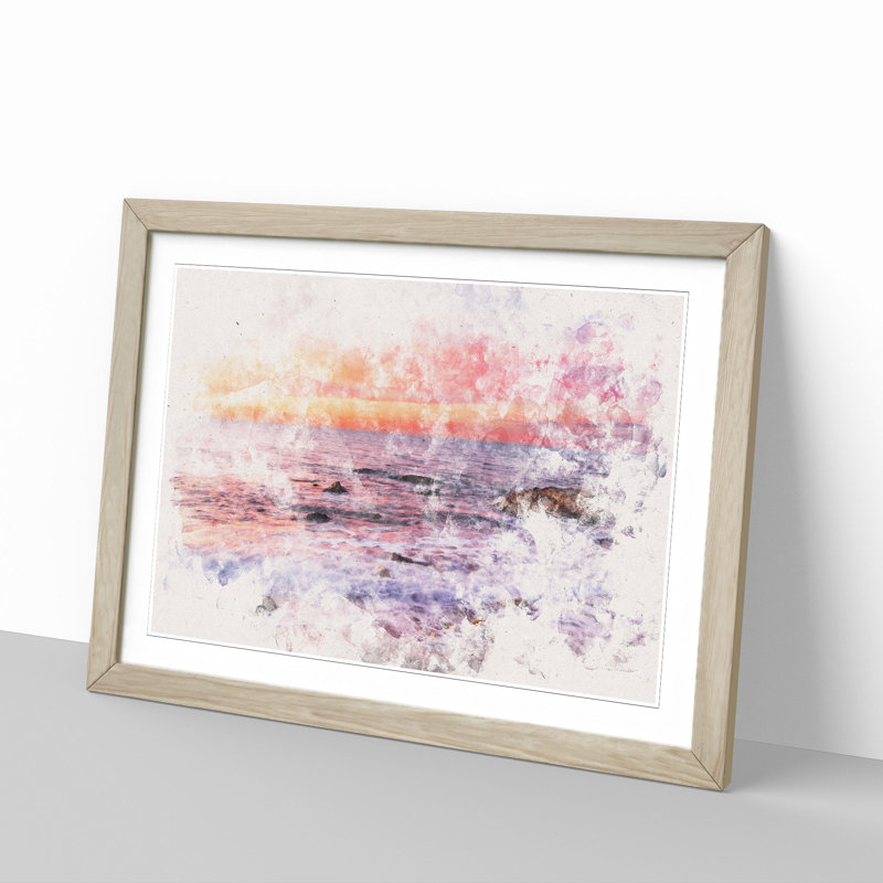 Beach in Spain Watercolour - Picture Frame Graphic Art Print, Oak Framed, 62cm H x 87cm W x 2cm D
