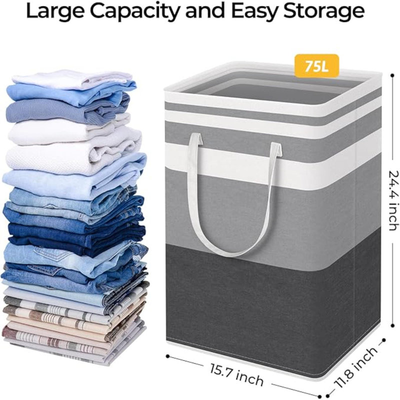 Paquet de 2 grands paniers à linge, panier à linge autoportant et imperméable, grand panier à linge pliable avec poignées allongées pour les vêtements dans le dortoir et la famille - (gris dégradé, 75 L)