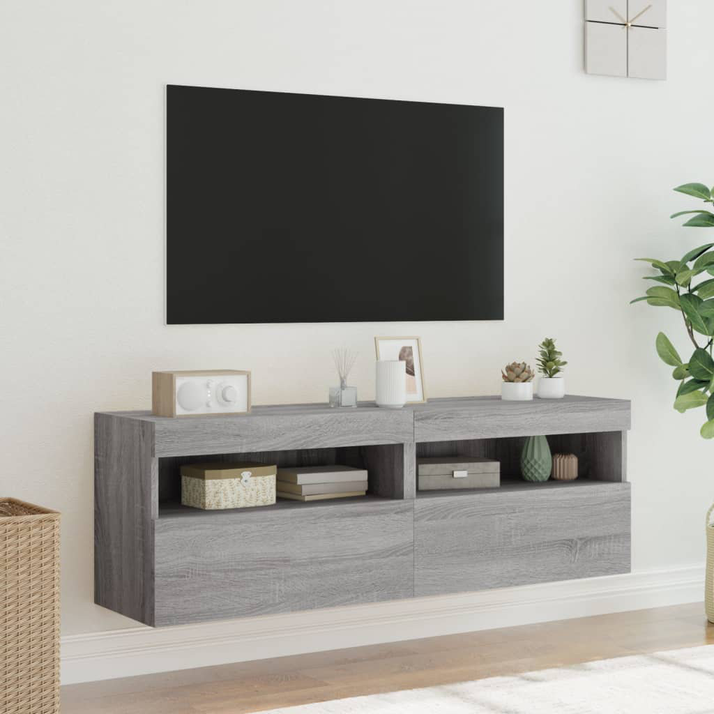 Vidaxl Tv Wall Cabinets With Led Lights Floating Tv Unit 2 Pcs Grey Sonoma - Image 3