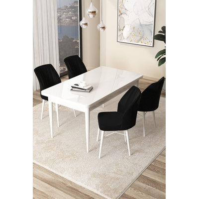 Ensemble de table et chaises de salle à manger moderne 5 pièces, blanc et noir | Table en carton 100% enduit de mélamine, table: 43,3 po x 29,9 po x 29,9 po | Chaises: 17,7 po x 35,4 po x 16,5 po | Pieds en bois et structure en métal, dossier en mousse confortable 22 pouces et siège en mousse 28 pouces