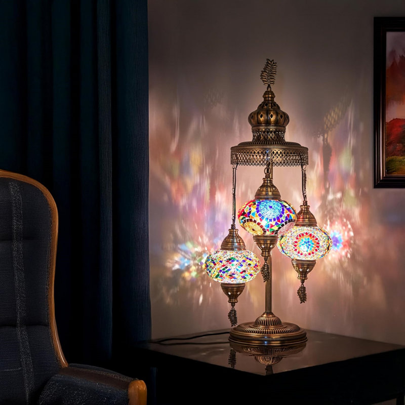 Turkish Lamp, 3 Globe Turkish Mosaic Table Lamp, Living Room and Office Decoration Lighting, Colorful