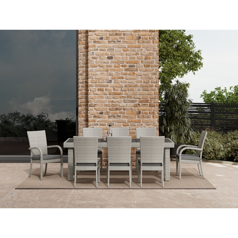 Ensemble repas 9 pièces tissé pour patio, gris foncé et bleu marine, Coussin gris foncé / structure grise