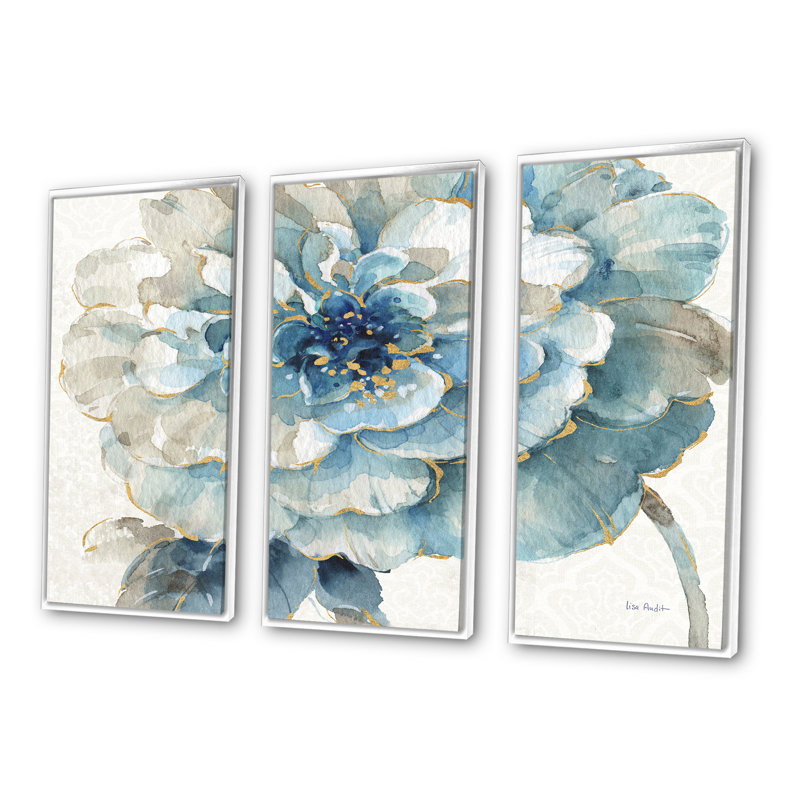 Indigold Gold Country Flower - ensemble d'art mural sur toile encadré traditionnel de 3, 28" H x 36" W x 1" D, Cadre blanc