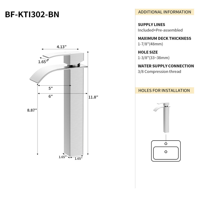 Robinet de salle de bain 6 po en nickel brossé - Acier inoxydable 304, poignée pratique pour évier, finition évier moderne, poignée