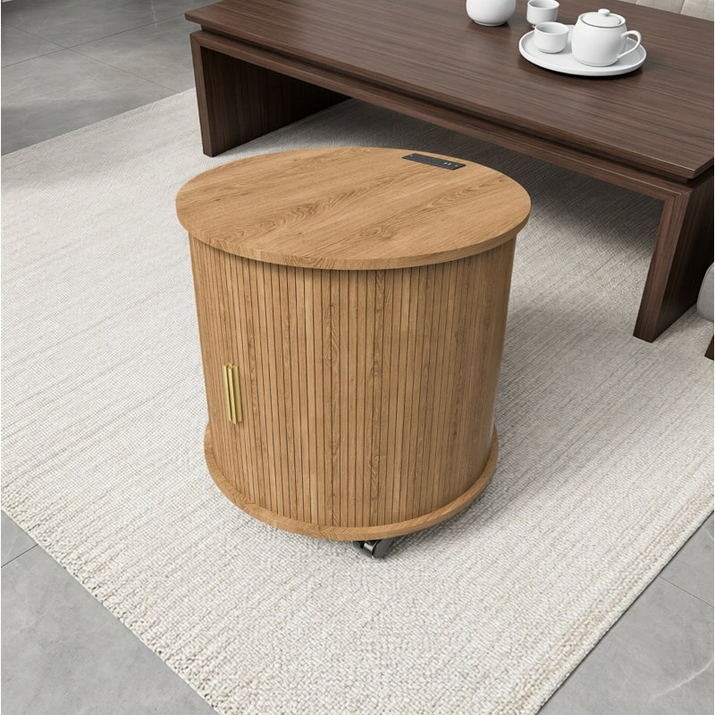 Tables de bout cylindriques de style Mid-Century avec station de charge intégrée et porte coulissante 