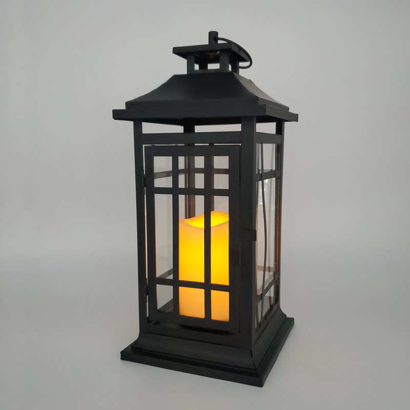 Battery Operated Black Window Metal Lantern with LED Candle, 14" H x 6" W x 6" D