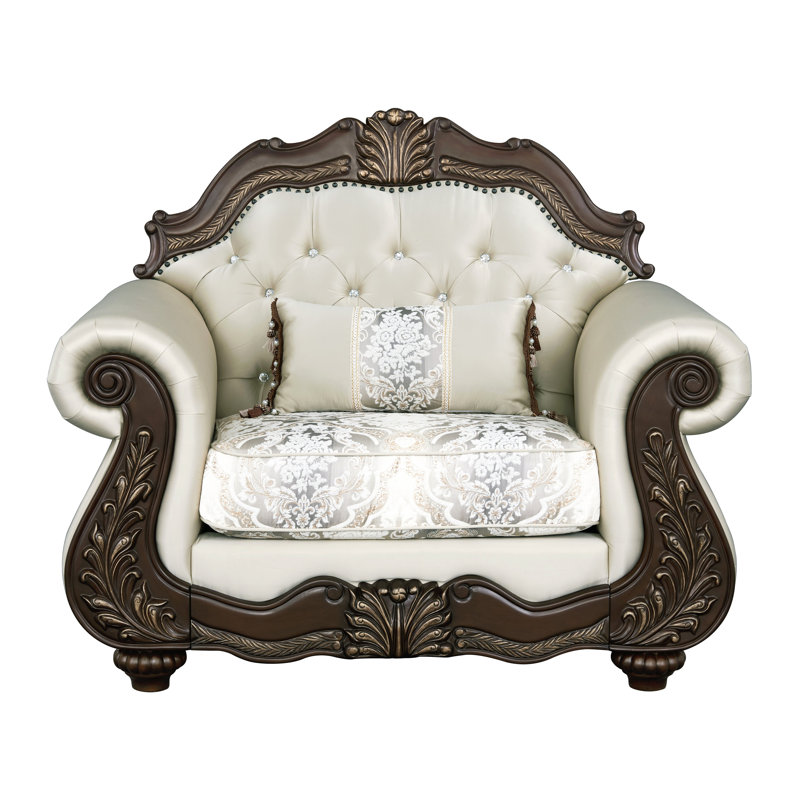Fauteuil en cerise et tissu beige Pierce