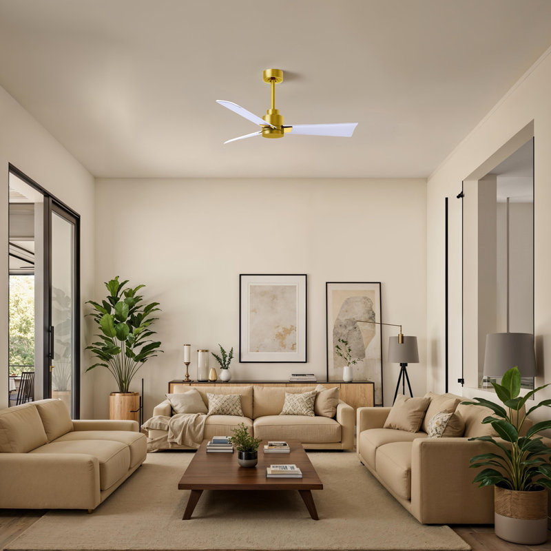 Alessandra Outdoor Downrod Ceiling Fan, Brushed Brass, Matte White