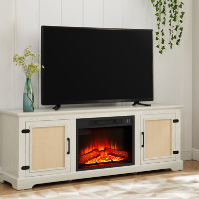 Meuble télé avec tablettes réglables et foyer encastré de 23 po, armoire de porte, console blanche compatible avec 70 po, caractéristique naturelle