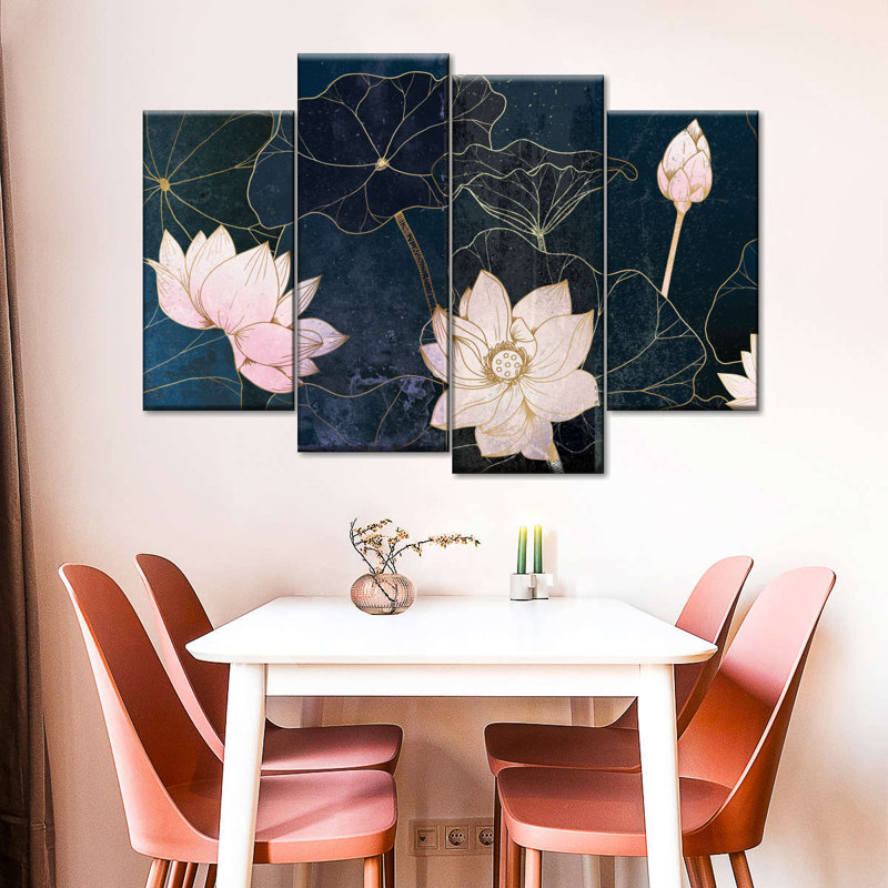 Fleurs de lotus texturées sur toile 4 pièces, H 22 po x l 36 po x P 1 po