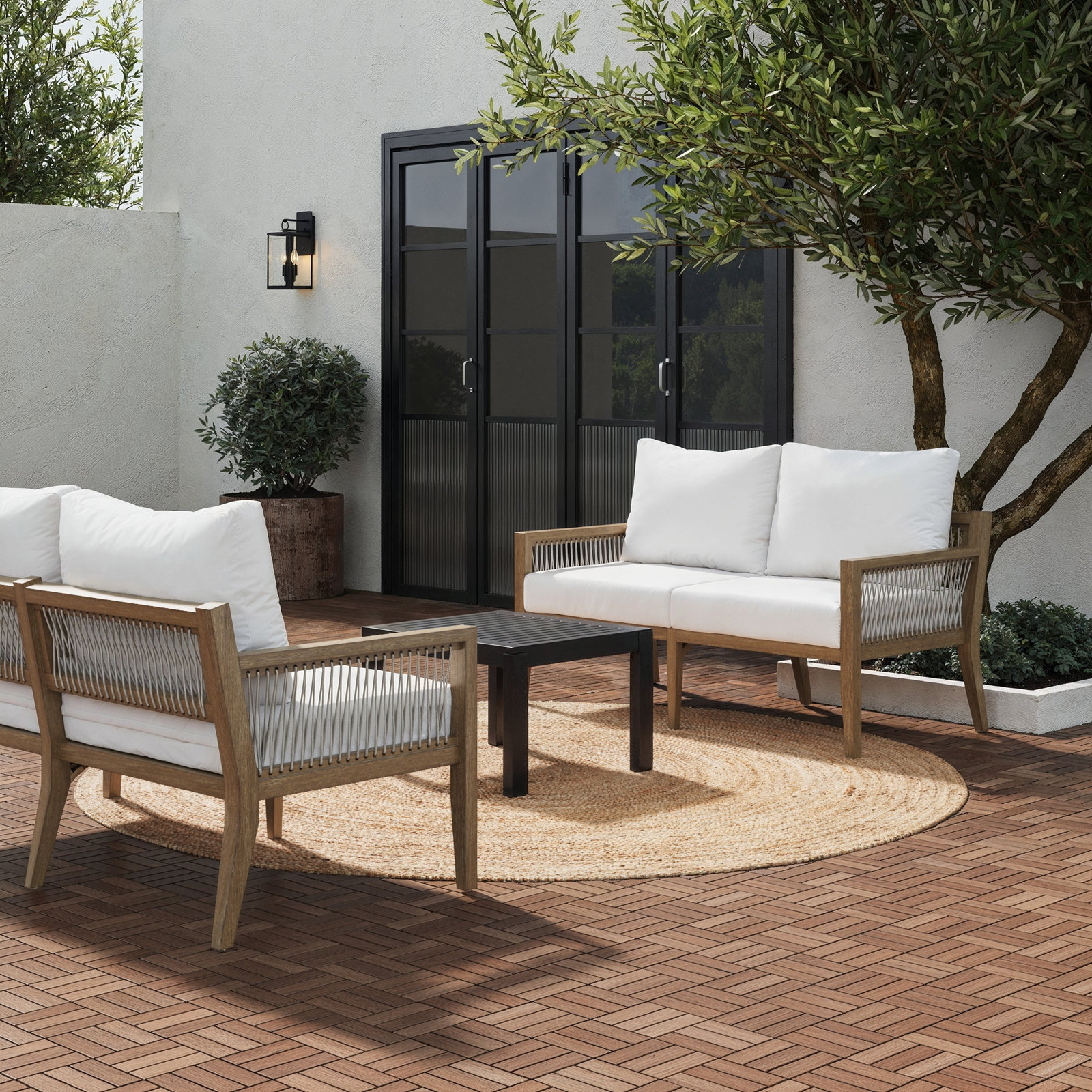 Parklawn 56" Patio Loveseat, White, Brown Wood