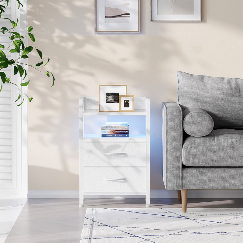 2 Drawer Nightstand with Charging Station & LED Light Strip, White