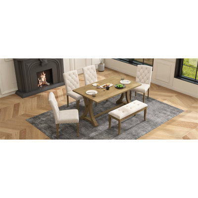 6-Piece Farmhouse Dining Table Set, Rectangular Trestle Table and 4 Upholstered Chairs & Bench for Dining Room