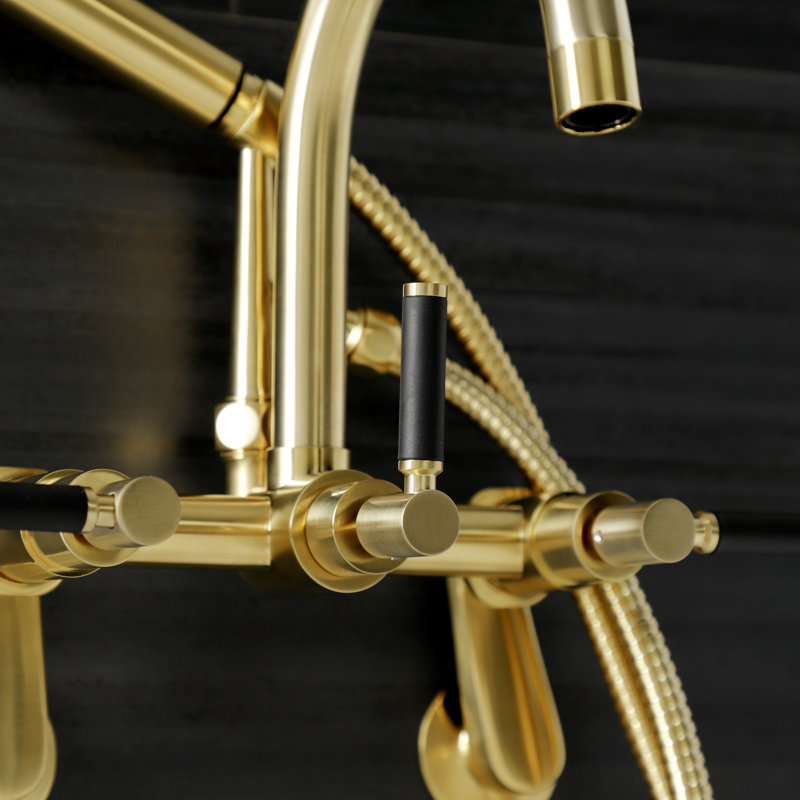 Kingston Brass Kaiser Three-Handle 2-Hole Tub Wall Mount Clawfoot Tub Faucet with Hand Shower, Brushed Brass