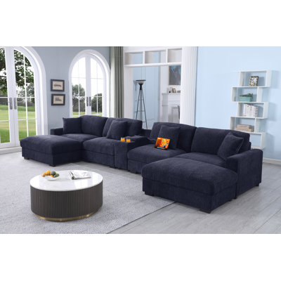 7 Piece Upholstered U-shape Sectional with Cup Holders & Charging & Storage