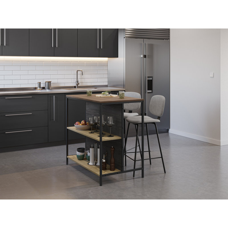 Cuaron Rectangular Bar Cabinet with Open Shelves, Hitit/Dark Brown/Saphire Oak