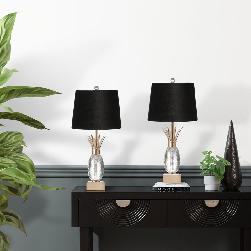 Alket 64cm Living Room Table Lamp with Glass Base, Bedside Buffet Lamp for Bedroom with Silk Shade, Black