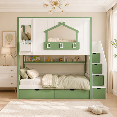 Wooden Bunk Bed with Storage Staircase, Playhouse Design, 6 Drawers, Upper Shelf, and Compartments, No Box Spring Needed