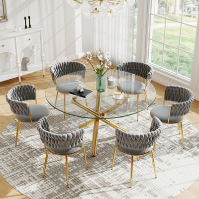 Ensemble de salle à manger sur pied moderne en verre trempé avec chaise de salle à manger en velours Weaven