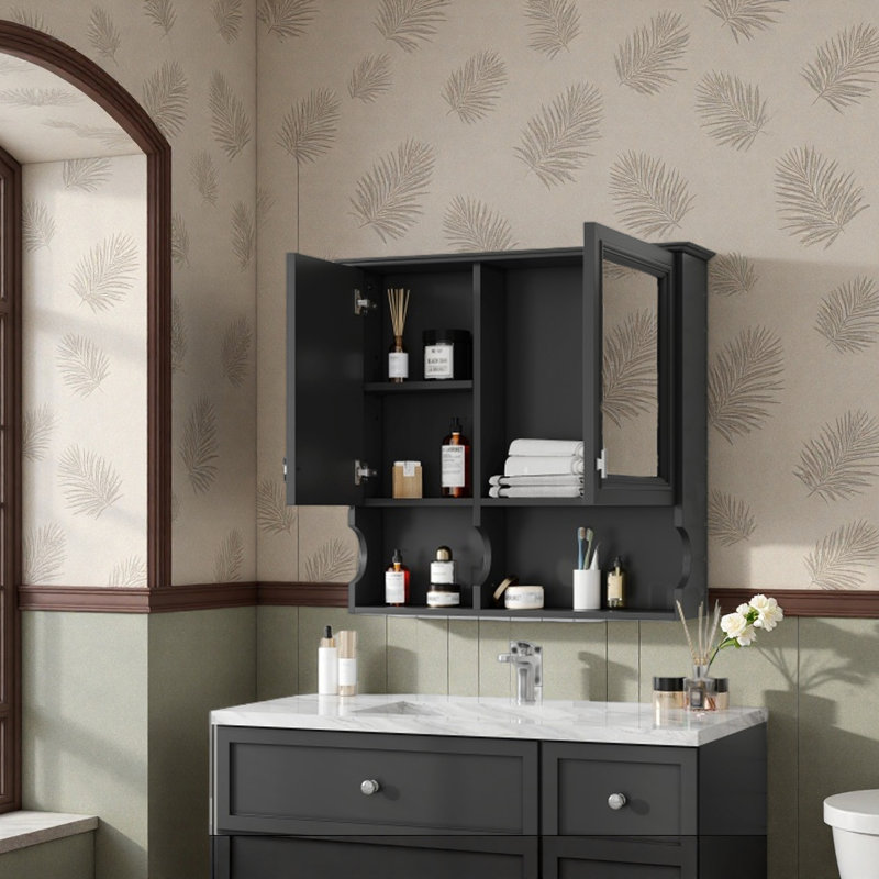 Armoire à pharmacie à miroir de 30 pouces avec tablettes ouvertes, rangement mural avec portes et miroir, tablette réglable, armoire de rangement pour salle de bain au-dessus de la toilette