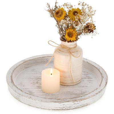 Rustic Wooden Tray Candle Holder - Round Wood Decorative Pillar Candle Tray For Coffee Table Farmhouse Kitchen Countertop Organizer Home Decor Wedding Centerpiece, Distressed White