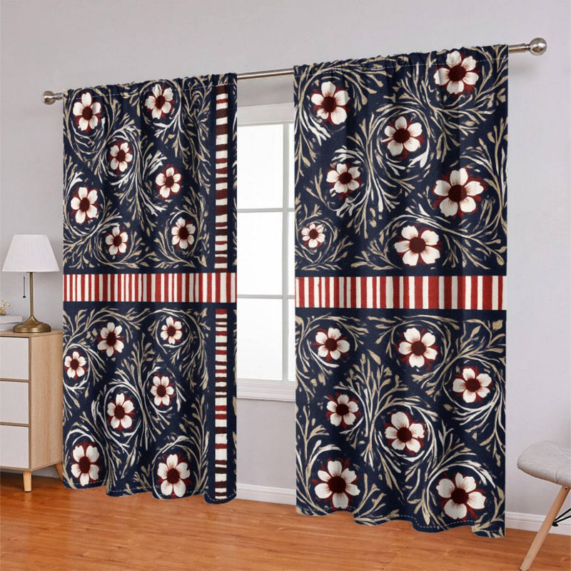 2Pcs rideaux à motifs floraux bleu foncé, rideaux de fenêtre avec passe-tringle rustique moderne pour la cuisine du salon