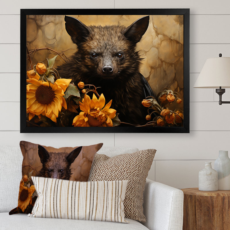 Baroque Bat Elegance - Art mural chauve-souris animal, Cadre d'angle fermé noir, H 34 po x l 44 po x P 1,5 po