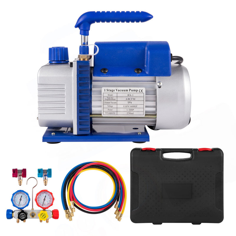 Vacuum Pump 4.8CFM 1/3 HP Single Stage HVAC A/C Refrigeration Kit 5PA Ultimate Vacuum Manifold Gauge Set R410A R134A R22 HVAC AC, 4-Way Manifold Gauge And Hose For Air Conditioning Systems