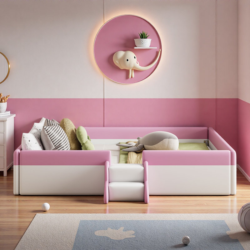 Upholstered Daybed Frame With Fence And Stairs, Queen, Pink