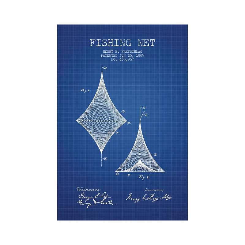 H.E. Freyschlag Fishing Net Patent Sketch (Blue Grid) by Aged Pixel - Wrapped Canvas Gallery-Wrapped Canvas Giclée