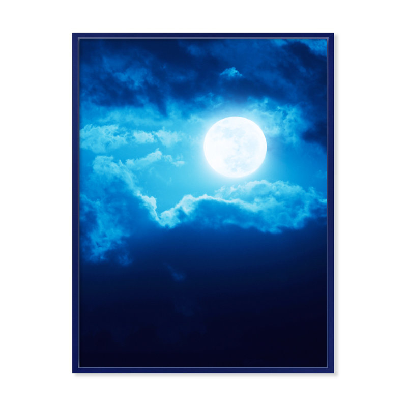 Pleine lune dans le ciel nocturne nuageux III - photographie sur toile, H 32 po x l 24 po x P 1 po, Cadre flottant bleu