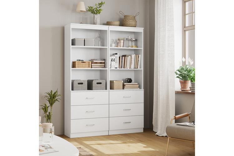 double white bookshelf in a modern home office