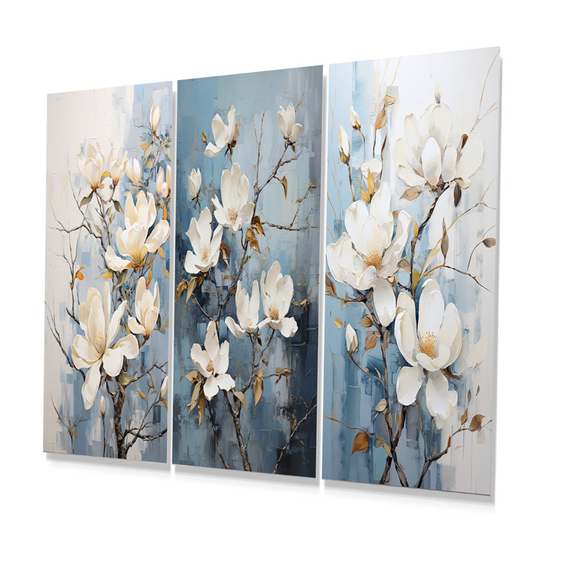 Ensemble de 3 décorations murales en métal bleu et blanc Magnolias, H 28 po x l 36 po