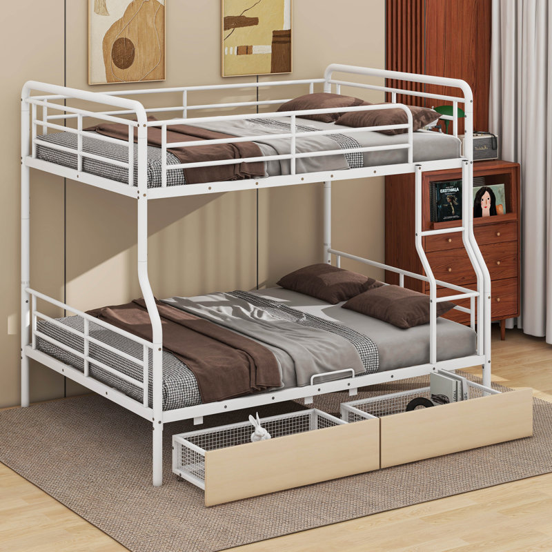 Lit superposé double au-dessus de grand lit double avec 2 tiroirs, Blanc