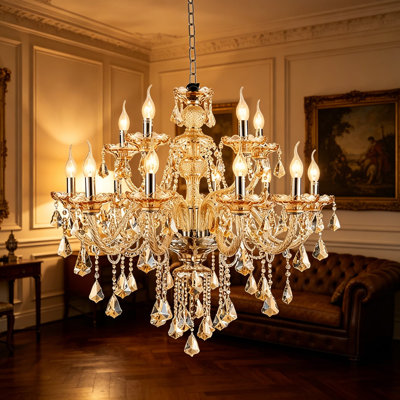 Lustre moderne en cristal K9 à 12 lumières de style bougie en verre cognac avec chaîne réglable pour salle à manger, salon, hôtel, couloir, bar, restaurant