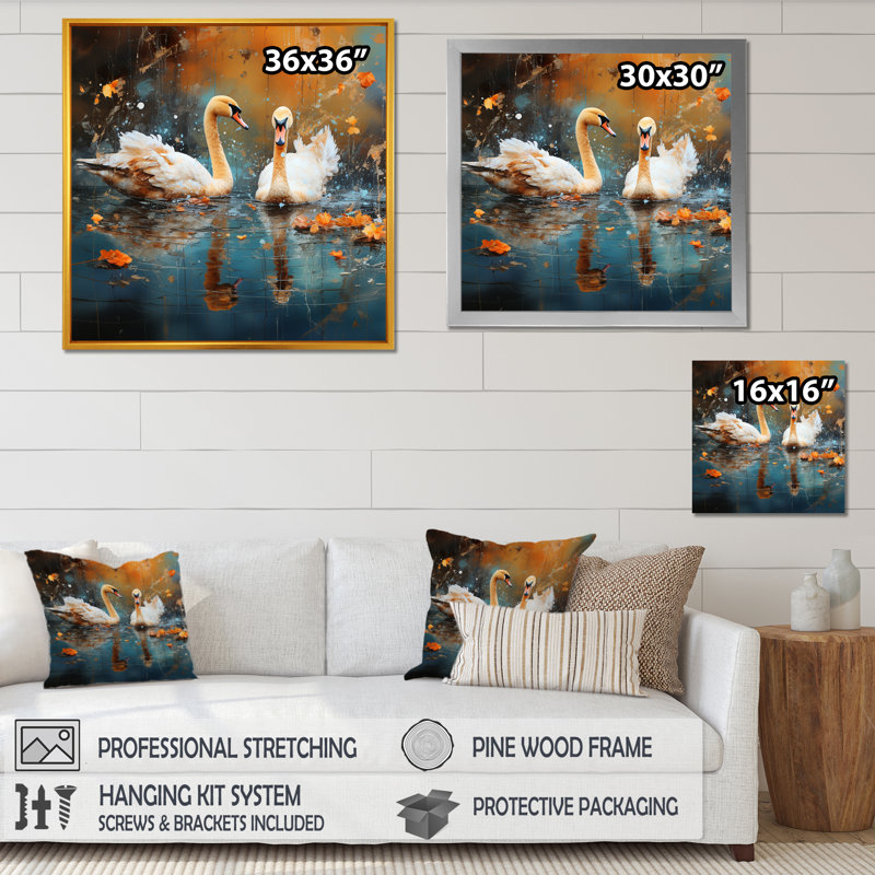 Cygnes blancs à l'étang - Art mural animaux cygnes, Noir, H 16 po x l 16 po